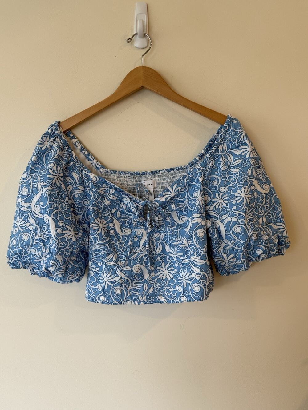 Japna Blue White Floral Puff Sleeve Tie-Front Smocked Crop Top Women XL Bohemian